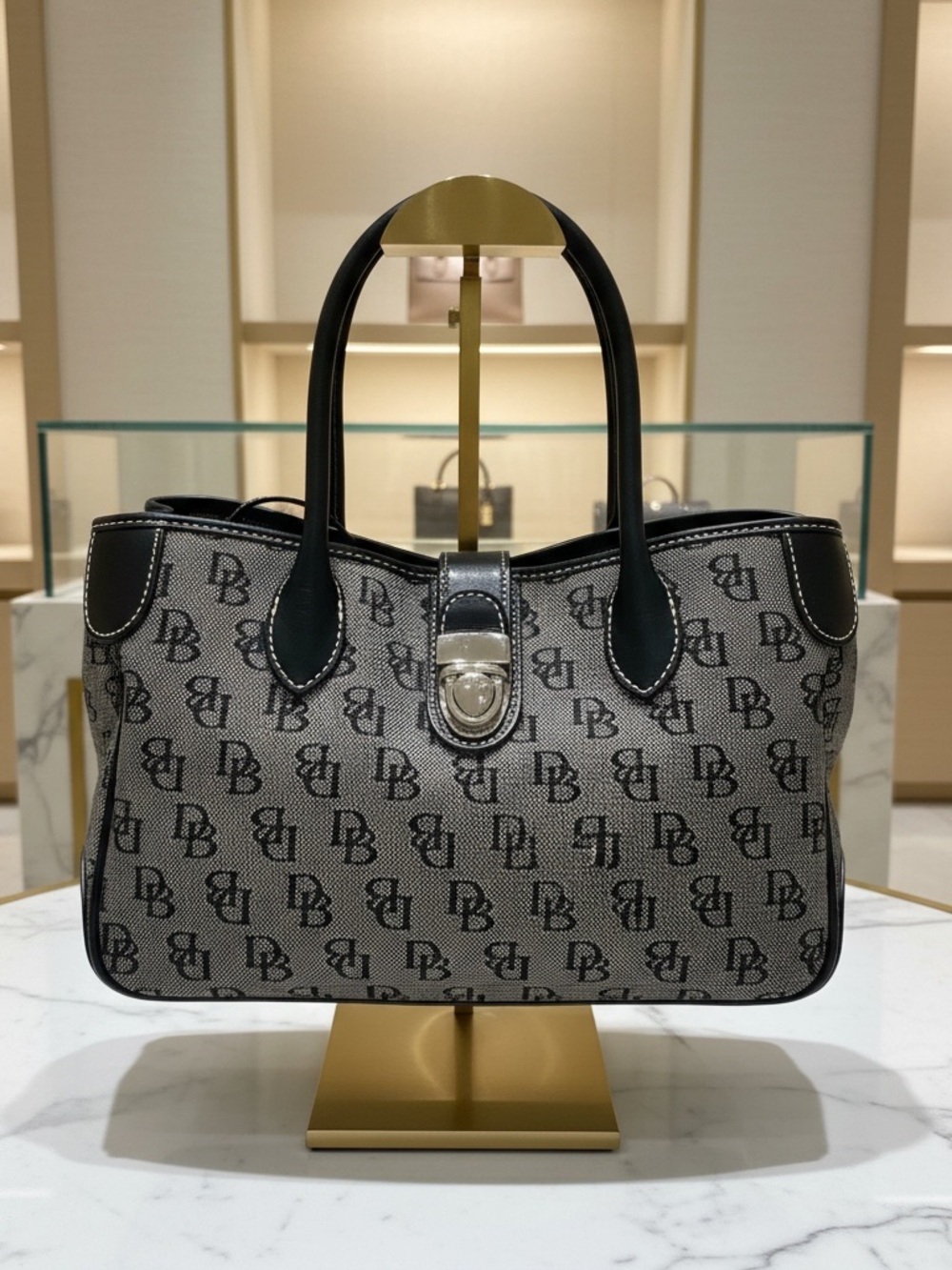 Dooney & Bourke Vintage Monogram Canvas Tote Bag – Black/Grey Toggle Closure